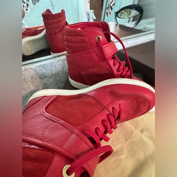Authentic Louis Vuitton red leather and suede high top wedge sneakers - Picture 3 of 9